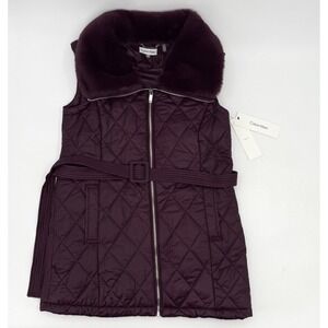 New Calvin Klein Vest Womens XS Aubergine Quilted Faux Fur Collar Pockets